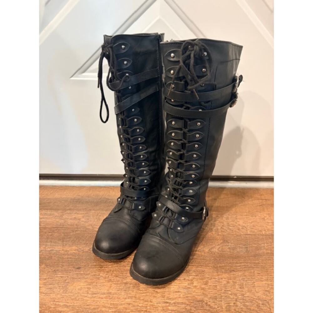 Wild Diva Black Knee-High Combat Boots Lace-Up Buckle Strappy Military Goth